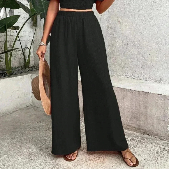 Black Boho Womens Off Shoulder Ruffle Trim Top & Wide Leg Pants - Picture 4 of 5